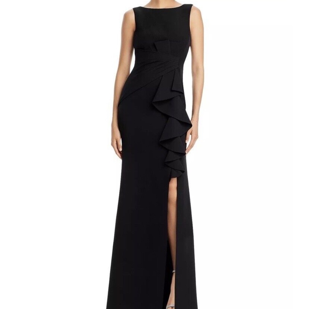 NWOT Eliza J Cascading Ruffle Front Sleeveless Gown Black size 4